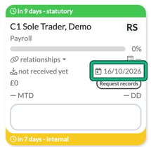 The next Payroll job created after completing the first one, with its due date of 16/10/2026 highlighted and an internal deadline footer 2 days earlier