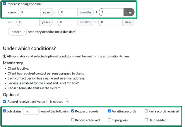 Auto reminder set to repeat every 1 day until the deadline, with the Job status condition set to Request records or Awaiting records highlighted