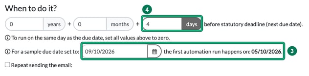 Create auto reminder, When to do it, with 4 days before statutory deadline highlighted as step 4 and the sample due date of Friday 09/10/2026 giving a first run on Monday 05/10/2026 highlighted as step 3