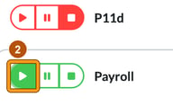 Payroll service row in Services and pricing with the enable (play) button highlighted as step 2
