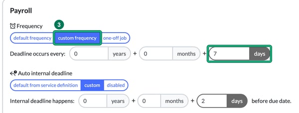 Payroll service details with custom frequency highlighted as step 3 and a deadline every 7 days highlighted, above a custom internal deadline 2 days before the due date