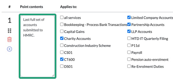 Professional Clearance Letter points settings showing point 1, Last full set of accounts submitted to HMRC, with its Point contents box highlighted and the services it applies to ticked