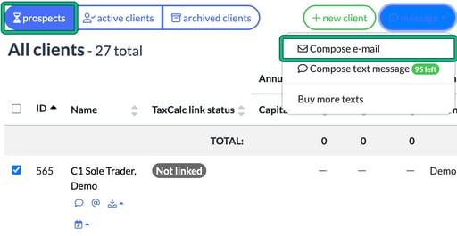 Clients page on the prospects tab with a prospect ticked and the message menu open, with the prospects tab and Compose e-mail highlighted