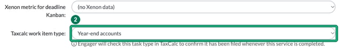 Edit service with Taxcalc work item type set to Year-end accounts, highlighted as step 2, and the hint that Engager will check this task type in TaxCalc to confirm it has been filed whenever this service is completed