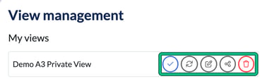 View management, My views, showing Demo A3 Private View with its Apply this view, Overwrite with current state, Rename, Share with others and Delete buttons highlighted