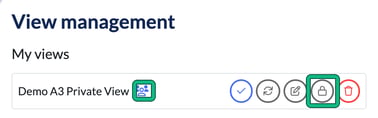 A shared view in My views with the shared people icon and the Make private lock button highlighted