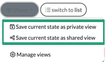 Views menu on the Jobs page with Save current state as private view and Save current state as shared view highlighted, and Manage views below