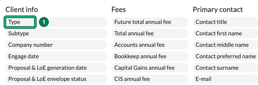 Clients filters panel with Type highlighted under Client info as step 1