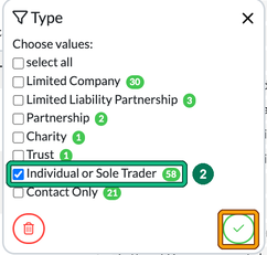 Type filter with Individual or Sole Trader ticked, highlighted as step 2, and the apply tick highlighted