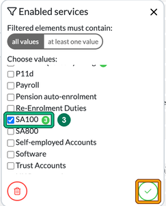 Enabled services filter with SA100 ticked, highlighted as step 3, and the apply tick highlighted