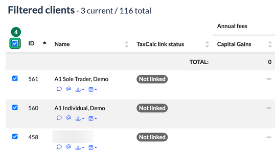 Filtered clients list of 3 clients with the select-all checkbox ticked and highlighted as step 4, with one client name blurred
