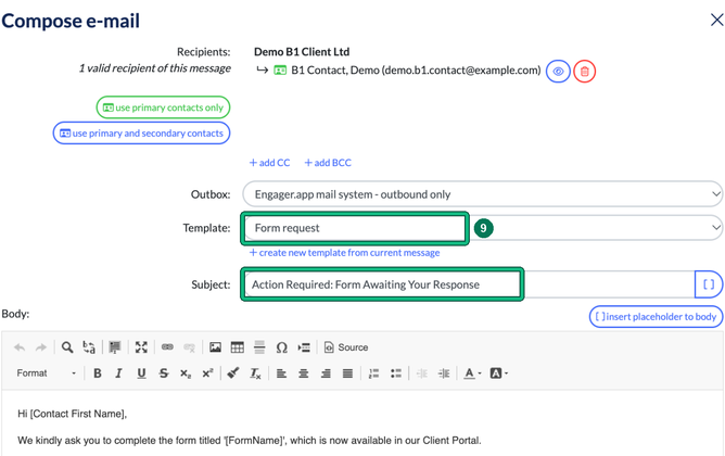 Compose e-mail to a demo contact with the Form request template, highlighted as step 9, and the subject highlighted
