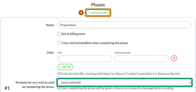 Edit service Phases section with add phase here highlighted as step 2 and the Template for an e-mail to send on completing the phase field highlighted