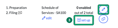 SA100 row in the Services list showing 0 enabled out of 2 total auto reminders, with set up highlighted as step 3 and the edit pencil highlighted