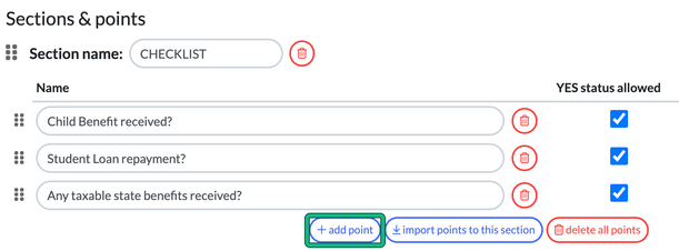Edit checklist Sections and points showing a section with three points and the add point button highlighted