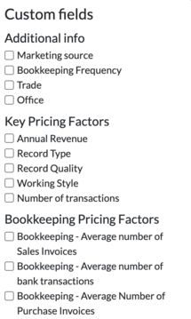 Columns menu on the Clients list showing custom fields grouped by section, each with a checkbox