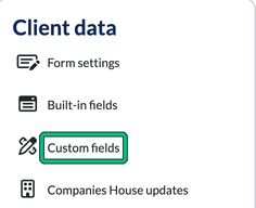 Settings Client data card with Custom fields highlighted