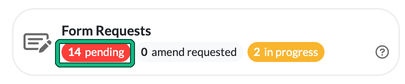Form Requests dashboard widget showing pending, amend requested and in progress counts, with pending highlighted