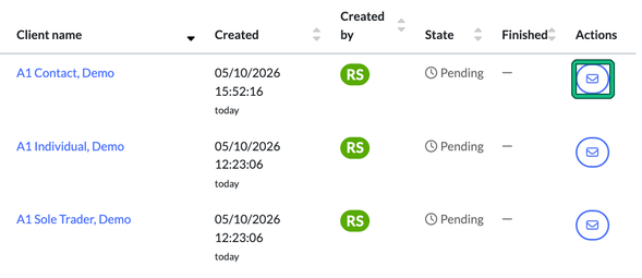 Pending form requests list for demo clients with the email button in the Actions column highlighted on the first row
