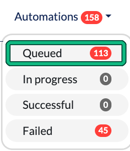 Automations menu in the top bar with Queued highlighted, above In progress, Successful and Failed