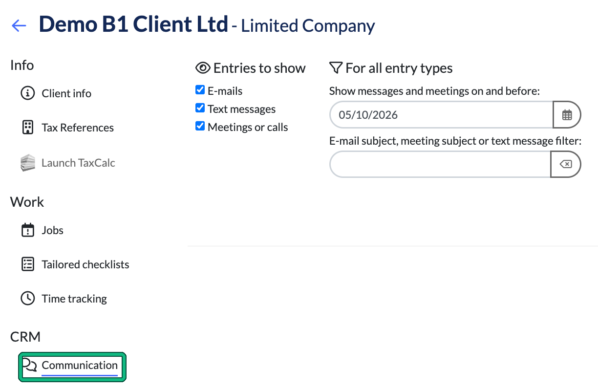 Demo client record with Communication highlighted under CRM in the left-hand menu, and the Entries to show filters for E-mails, Text messages and Meetings or calls