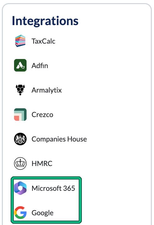 Settings Integrations card with Microsoft 365 and Google highlighted