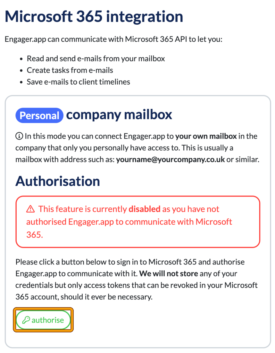 Microsoft 365 integration page, Personal company mailbox section, showing the feature is disabled until authorised, with the authorise button highlighted