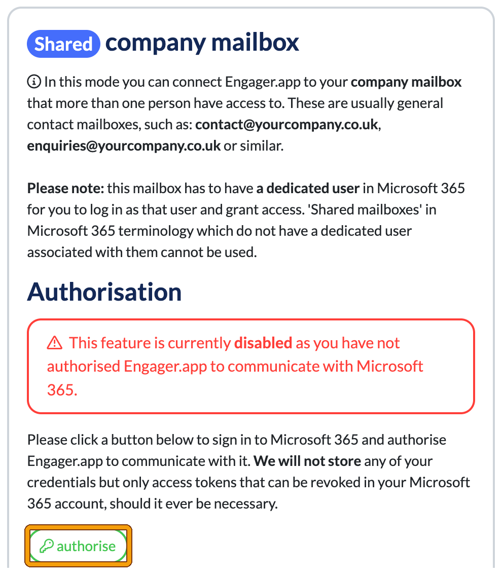 Microsoft 365 integration page, Shared company mailbox section, with the note that the mailbox needs a dedicated user in Microsoft 365 and the authorise button highlighted