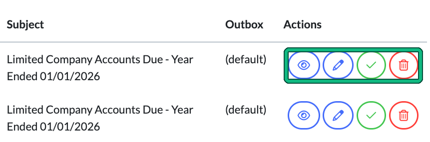 Automation queue row with the preview, edit, apply and delete action buttons highlighted