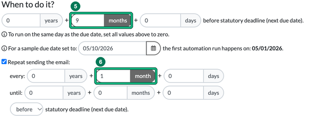 When to do it section with 9 months before statutory deadline highlighted as step 5 and Repeat sending the email every 1 month highlighted as step 6