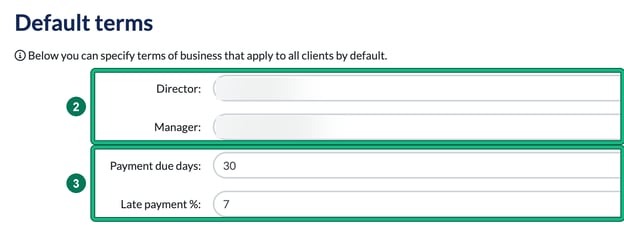 Default terms form with the Director and Manager fields highlighted as step 2 and Payment due days and Late payment % highlighted as step 3