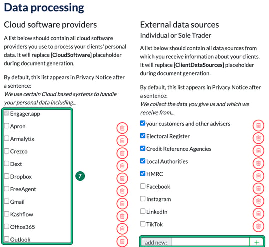Data processing section with the Cloud software providers list highlighted as step 7 and the add new box under the External data sources list highlighted
