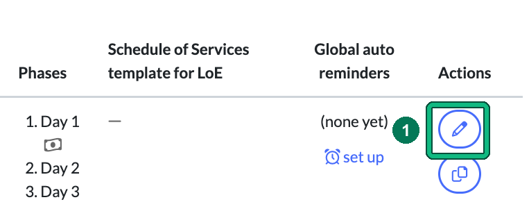 Right-hand end of a service row in Settings, Services, with the edit button in Actions highlighted as step 1