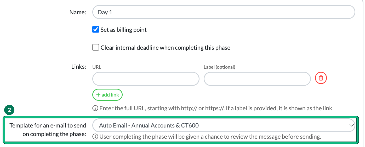 Phase Day 1 in Edit service with an email template chosen in Template for an e-mail to send on completing the phase, highlighted as step 2, and the note that the user completing the phase will be given a chance to review the message before sending