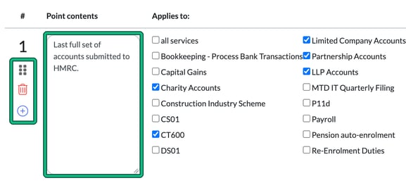First Professional Clearance Letter point with its Point contents box highlighted, the services it applies to ticked, and the reorder, delete and add icons highlighted