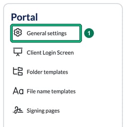 Portal settings card with General settings highlighted as step 1