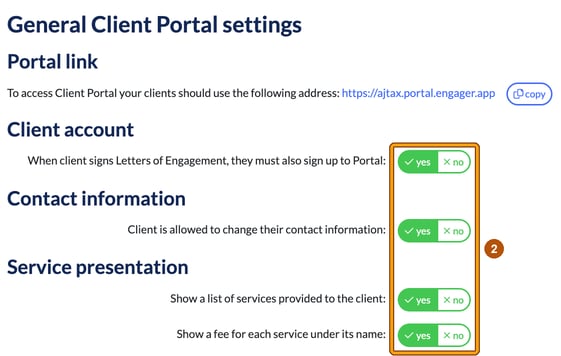 General Client Portal settings showing the portal link and yes or no options for client account, contact information and service presentation, with the toggles highlighted as step 2