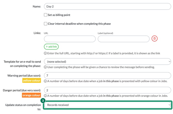 Day 2 phase in Edit service with the Update status on completion to field, set to Records received, highlighted as step 3, below the Links field
