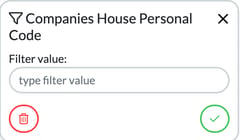 Companies House Personal Code filter with an empty Filter value box, the red bin button and the green tick button