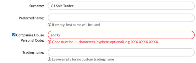 Companies House Personal Code field showing the red error Code must be 11 characters (hyphens optional), e.g. XXX-XXXX-XXXX
