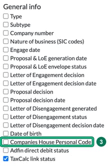 Clients list columns menu, General info group, with Companies House Personal Code highlighted as step 3