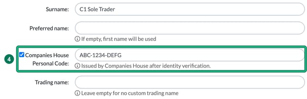 Client's General info step with the Companies House Personal Code field, filled in as ABC-1234-DEFG, highlighted as step 4