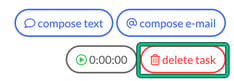 Completed task window actions: compose text, compose e-mail, timer and delete task, with delete task highlighted