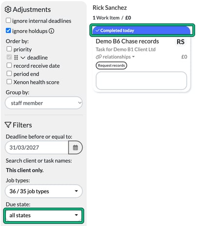 Client Jobs view showing a completed task card with a blue Completed today header, with the Due state filter set to all states, both highlighted
