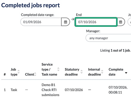 Completed jobs report with the End date set to today, listing the completed Demo B1 task