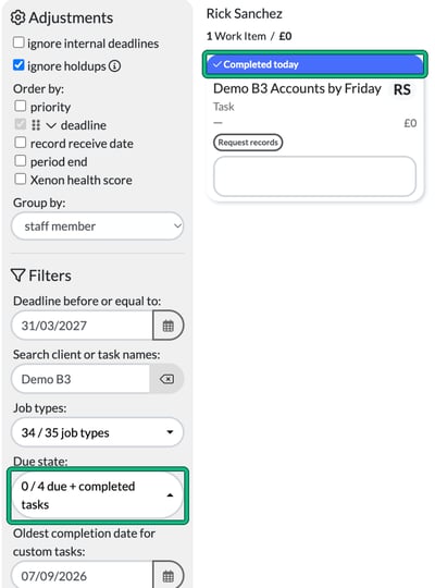 Jobs filtered to completed custom tasks, with the Due state filter and the Completed today header on a completed task card highlighted, above the Oldest completion date for custom tasks filter