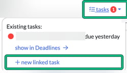 The tasks menu on an email listing an existing linked task, with tasks and new linked task highlighted