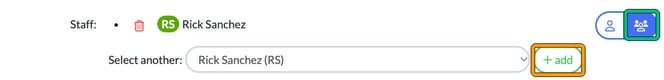 Staff field in multiple mode with the multiple person icon and the add button beside Select another highlighted
