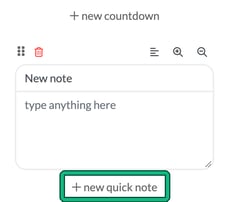 Dashboard quick note card with New note title and type anything here, and the new quick note link highlighted