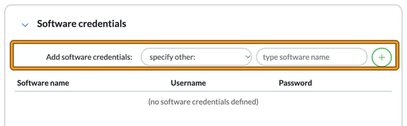 Software credentials card in Tax References with the Add software credentials row highlighted and an empty Software name, Username and Password table